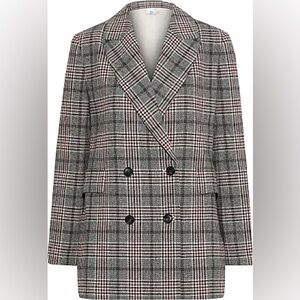 Iris & Ink Plaid Red Black Grey Wool Blend Long Blazer Sz 6 Academia Business